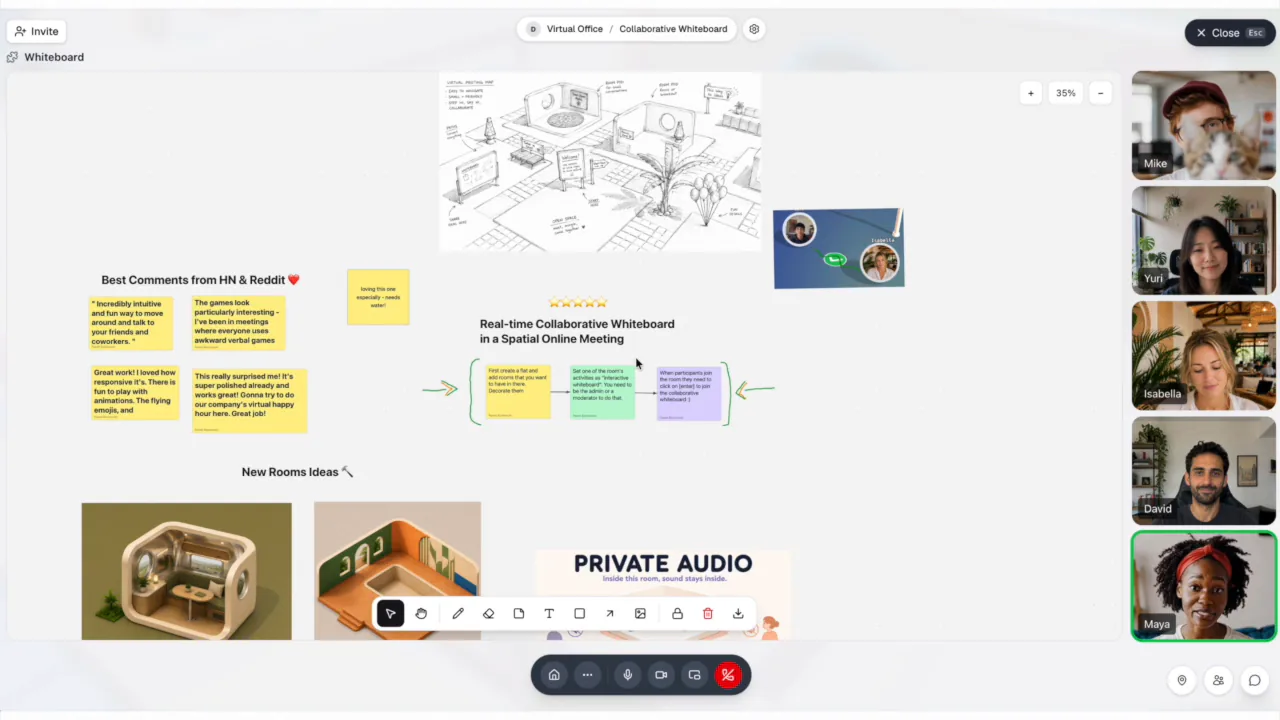 A shared whiteboard with sticky notes, images, and the drawing toolbar