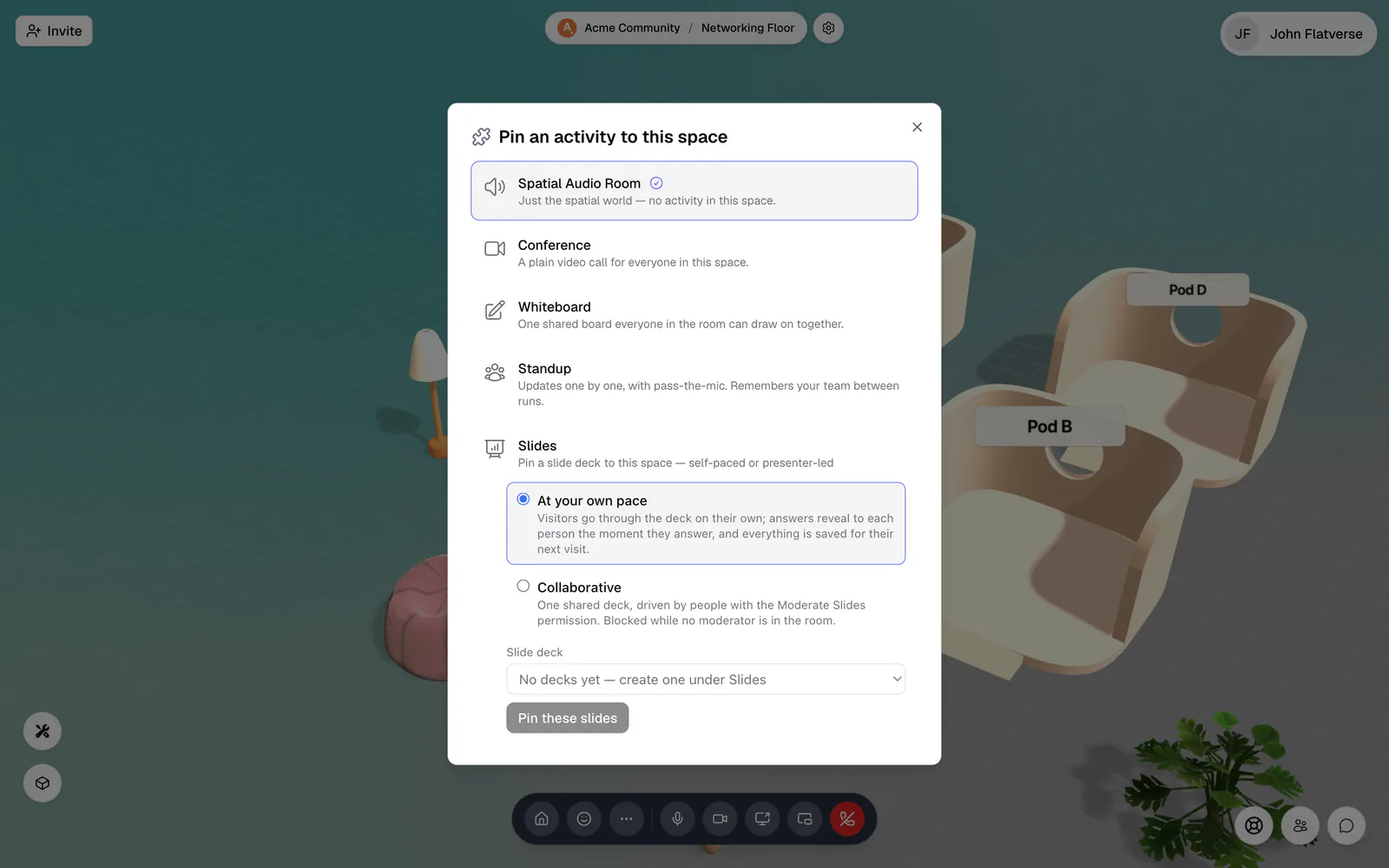 The Pin an activity to this space dialog with Slides selected