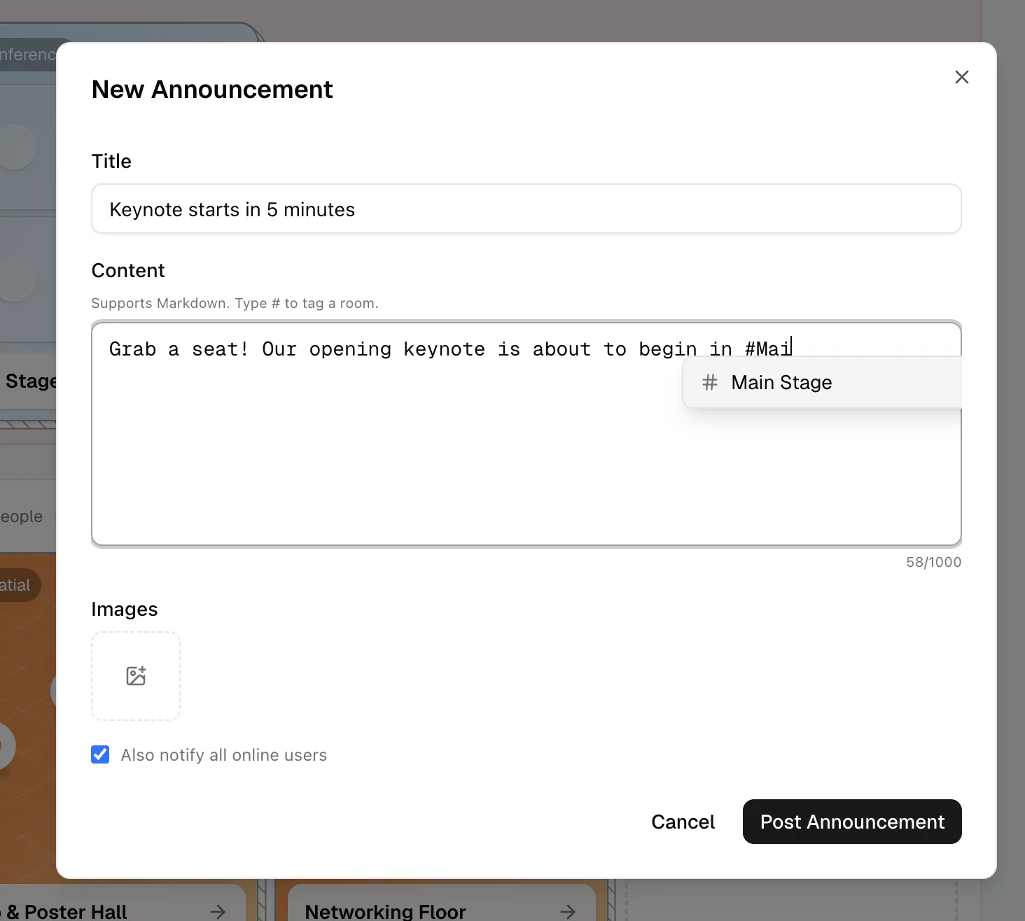 The announcement editor with title, markdown content, room autocomplete, and a notify checkbox
