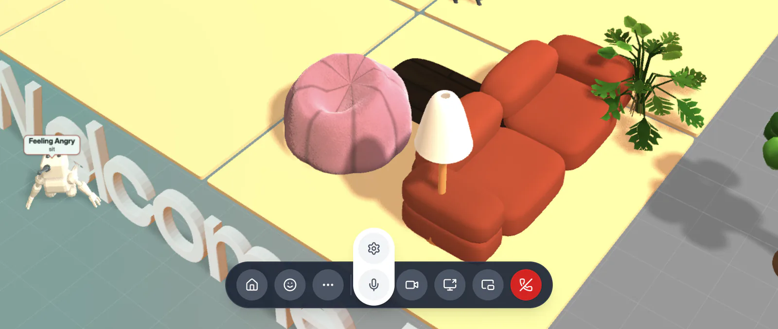 The flat.social call bar with the microphone settings gear showing on hover