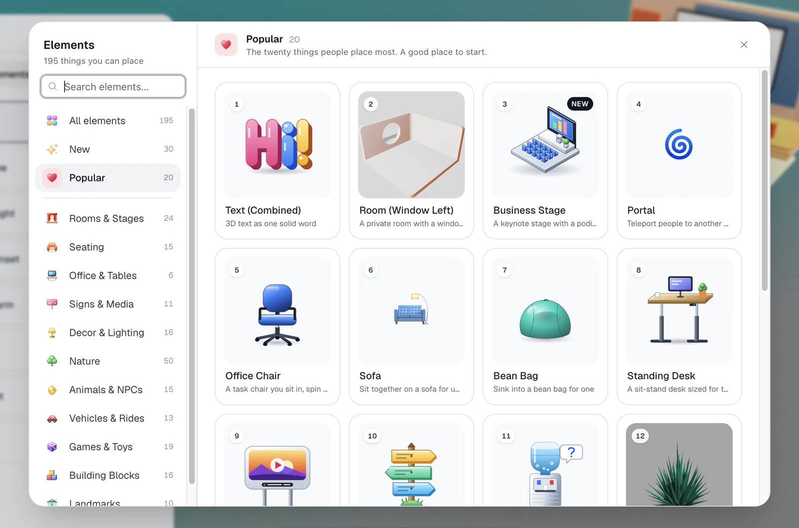 The element library in build mode, showing categories and a grid of elements