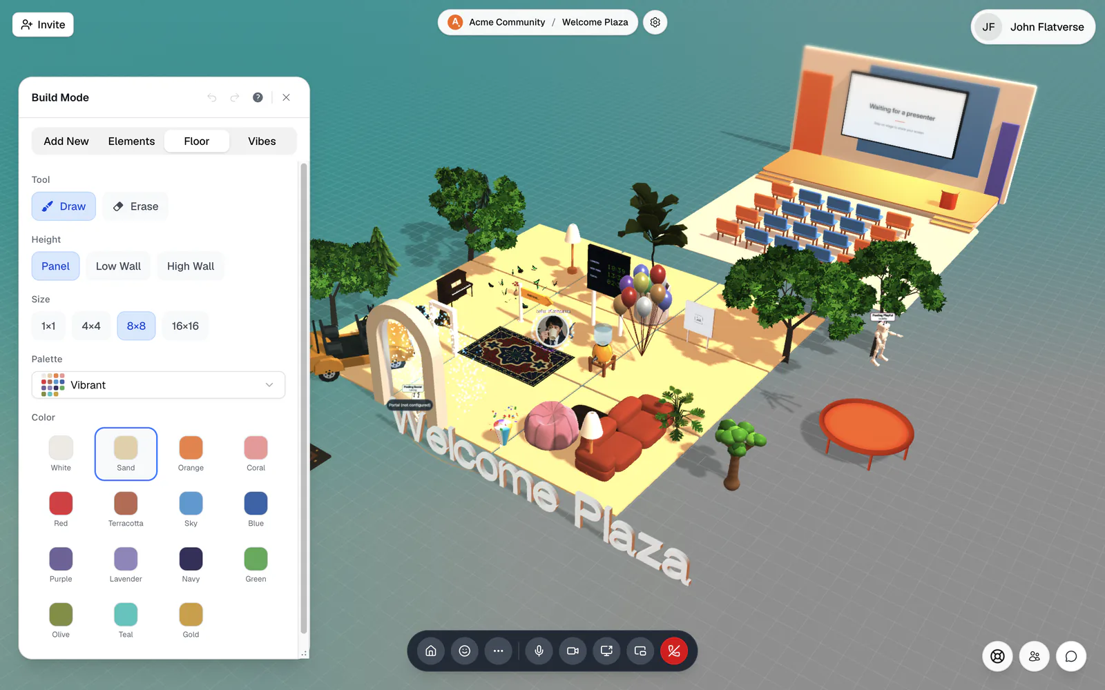 The Floor tab in build mode with tool, height, size, palette, and color options