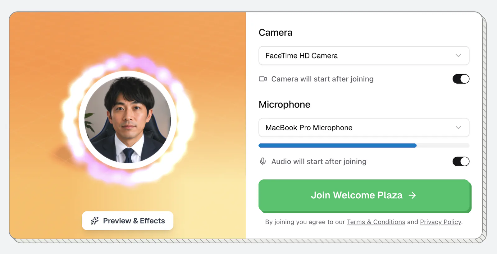 flat.social join screen with camera and microphone dropdowns and a mic level bar