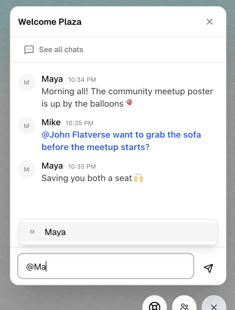 The room chat with messages, a mention, and the @ suggestion list