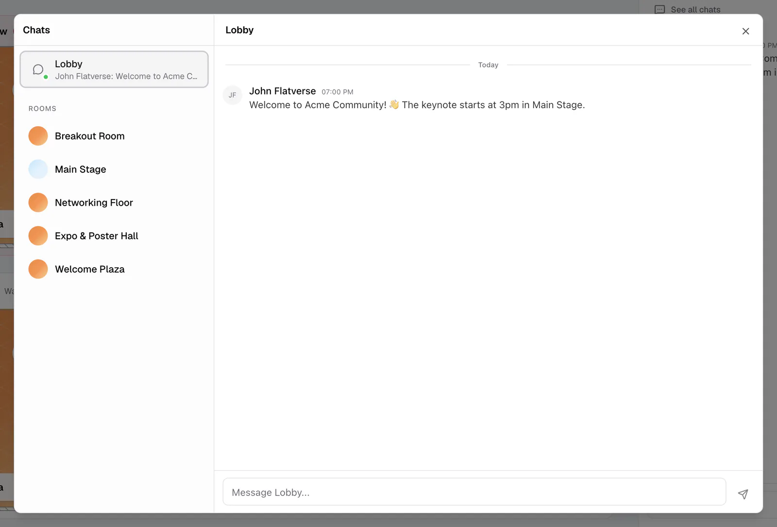 The Chat window listing the Lobby, room chats, and direct messages
