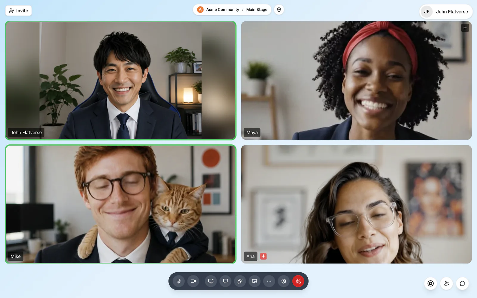 A flat.social Conference room in gallery layout with a grid of video tiles