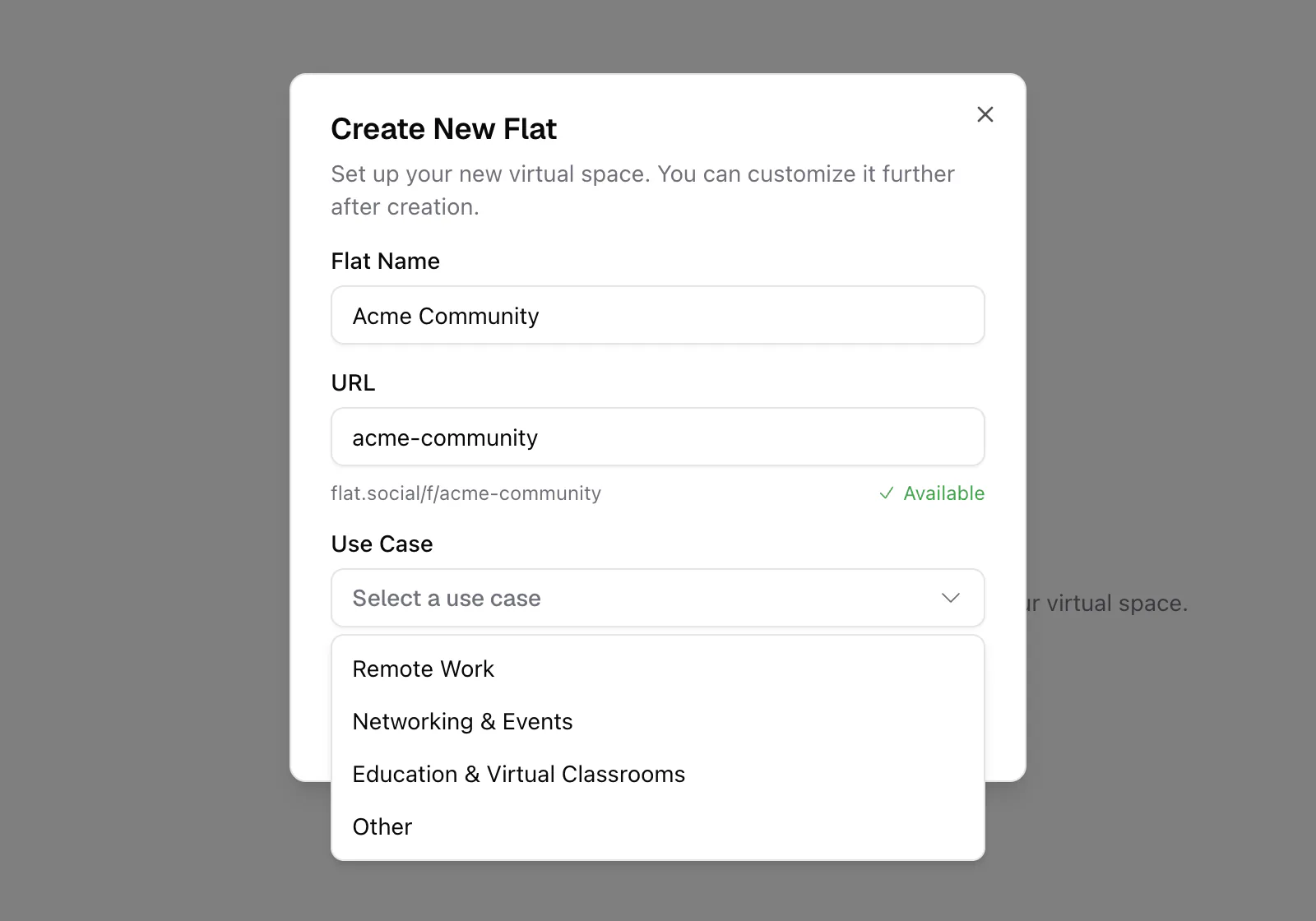 The Create New Flat dialog with name, URL, and use case fields