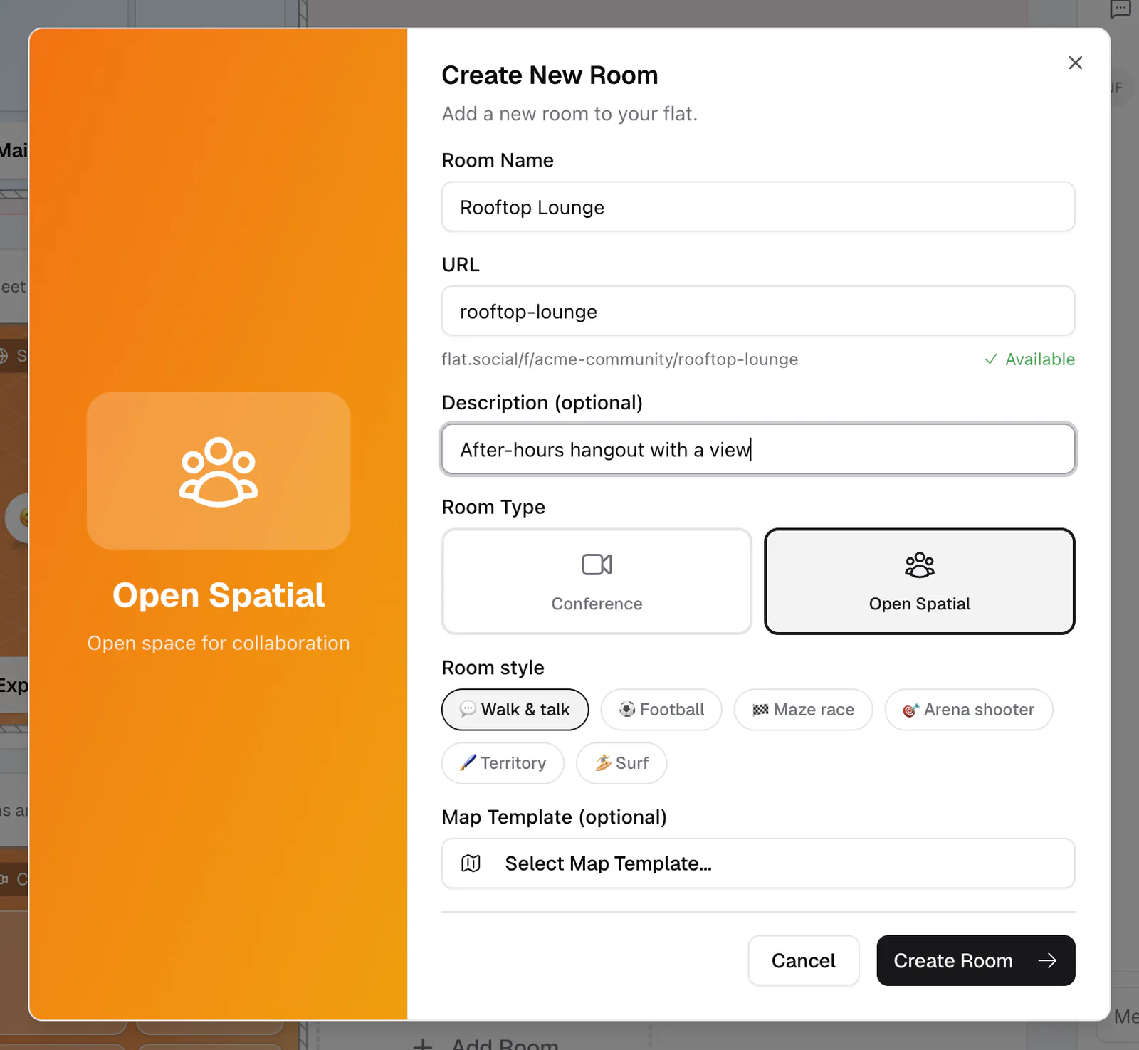 The Create New Room dialog with name, URL, description, room type, and room style