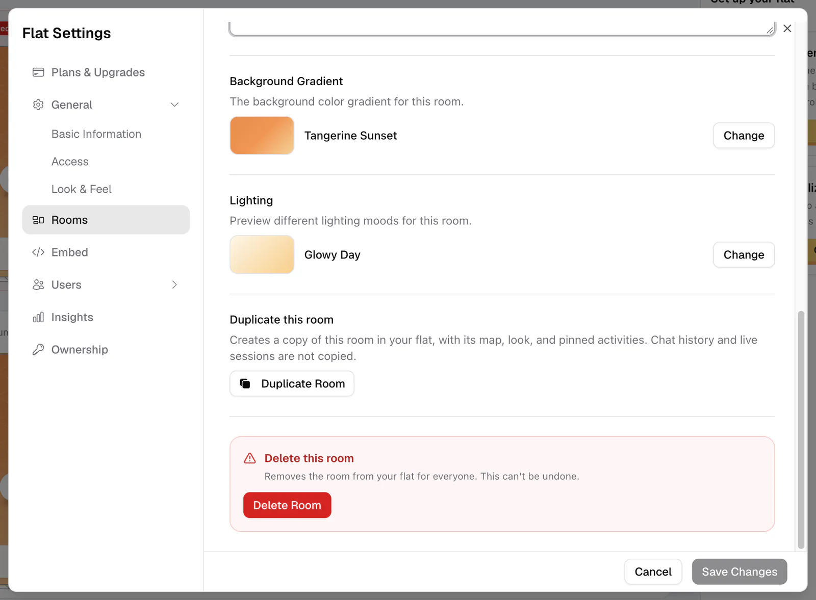 The room edit panel with card cover, name, description, gradient, duplicate, and delete options