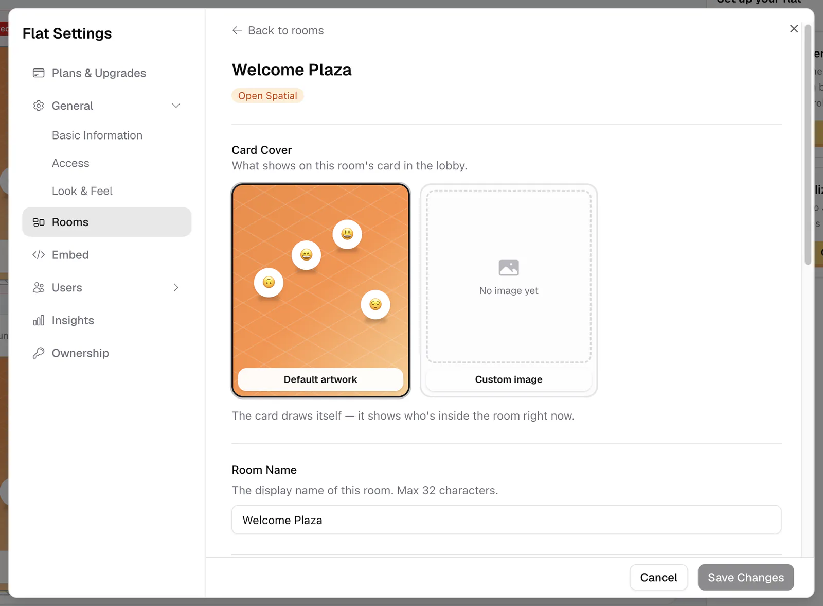 The room edit panel with card cover and background gradient controls