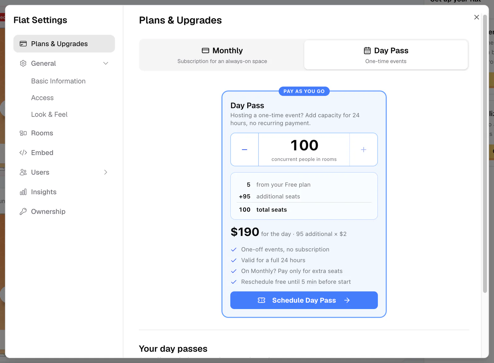 The Day Pass card with a 100-person pass priced at $190 on the Free plan