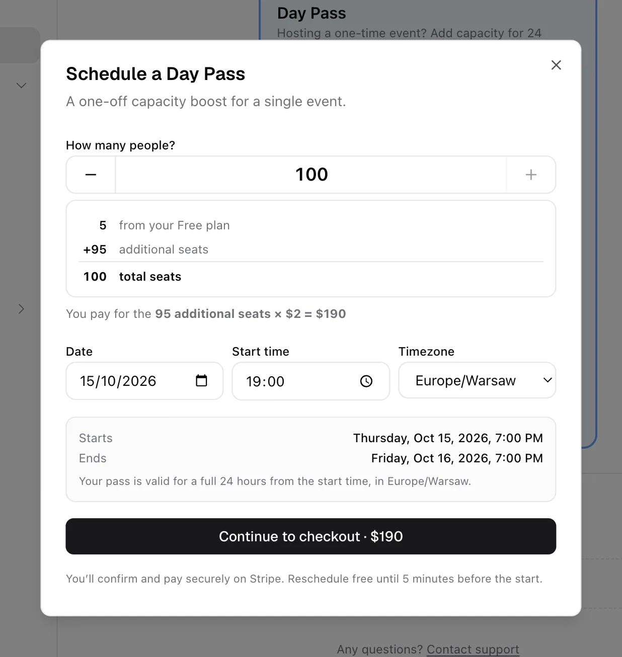 The Schedule a Day Pass dialog with size, date, start time, timezone, and price