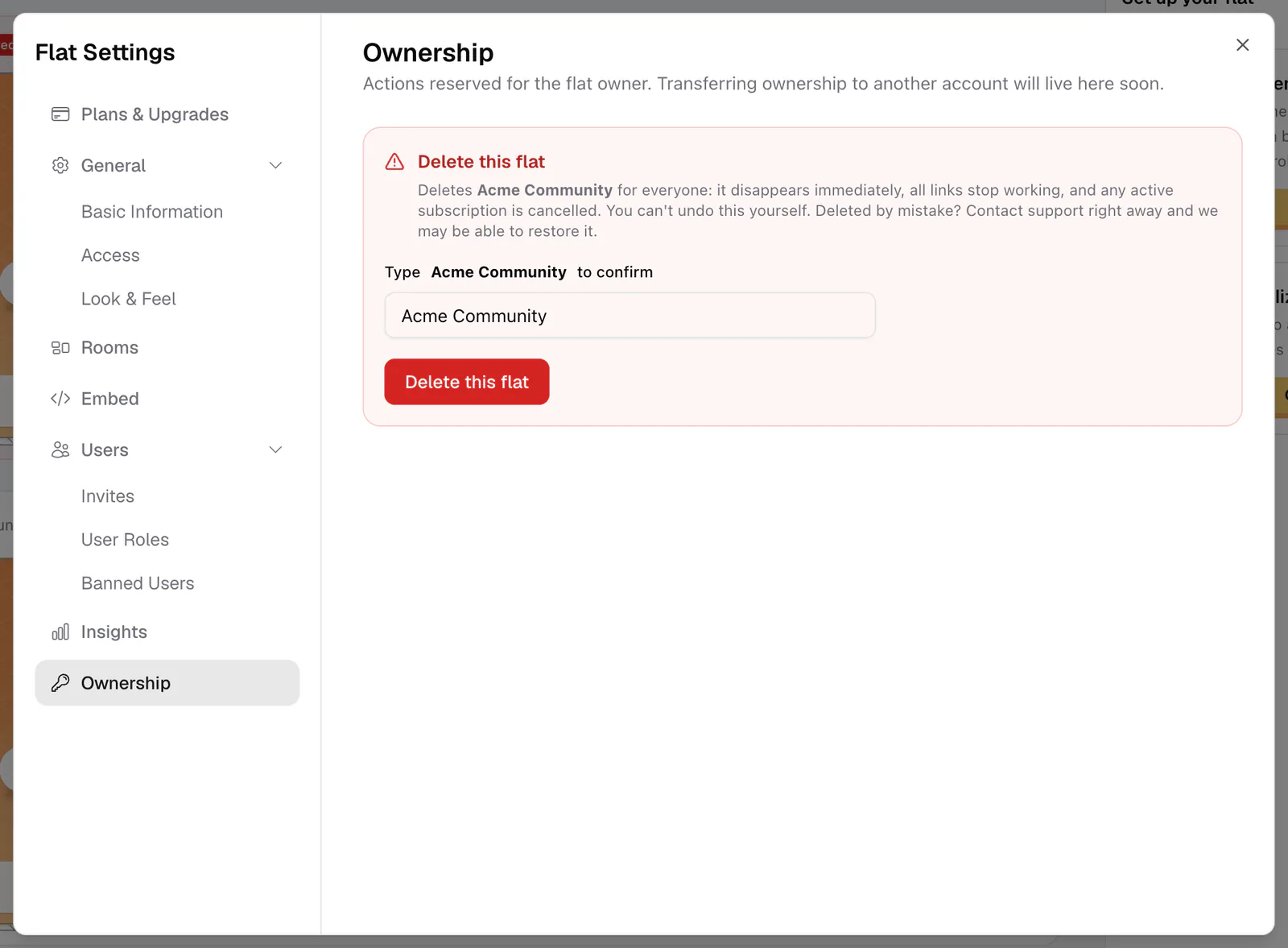 The Ownership page with the Delete this flat section and the name confirmation field