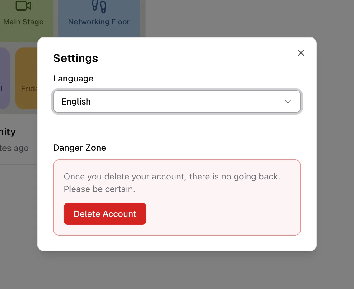 The Danger Zone in Settings with a Delete Account button