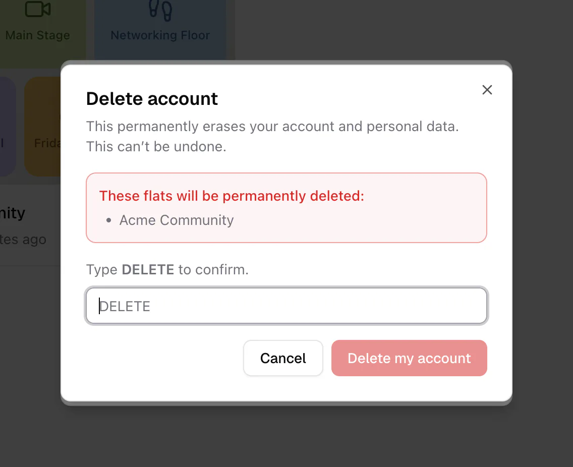The Delete account confirmation dialog listing affected flats and subscriptions