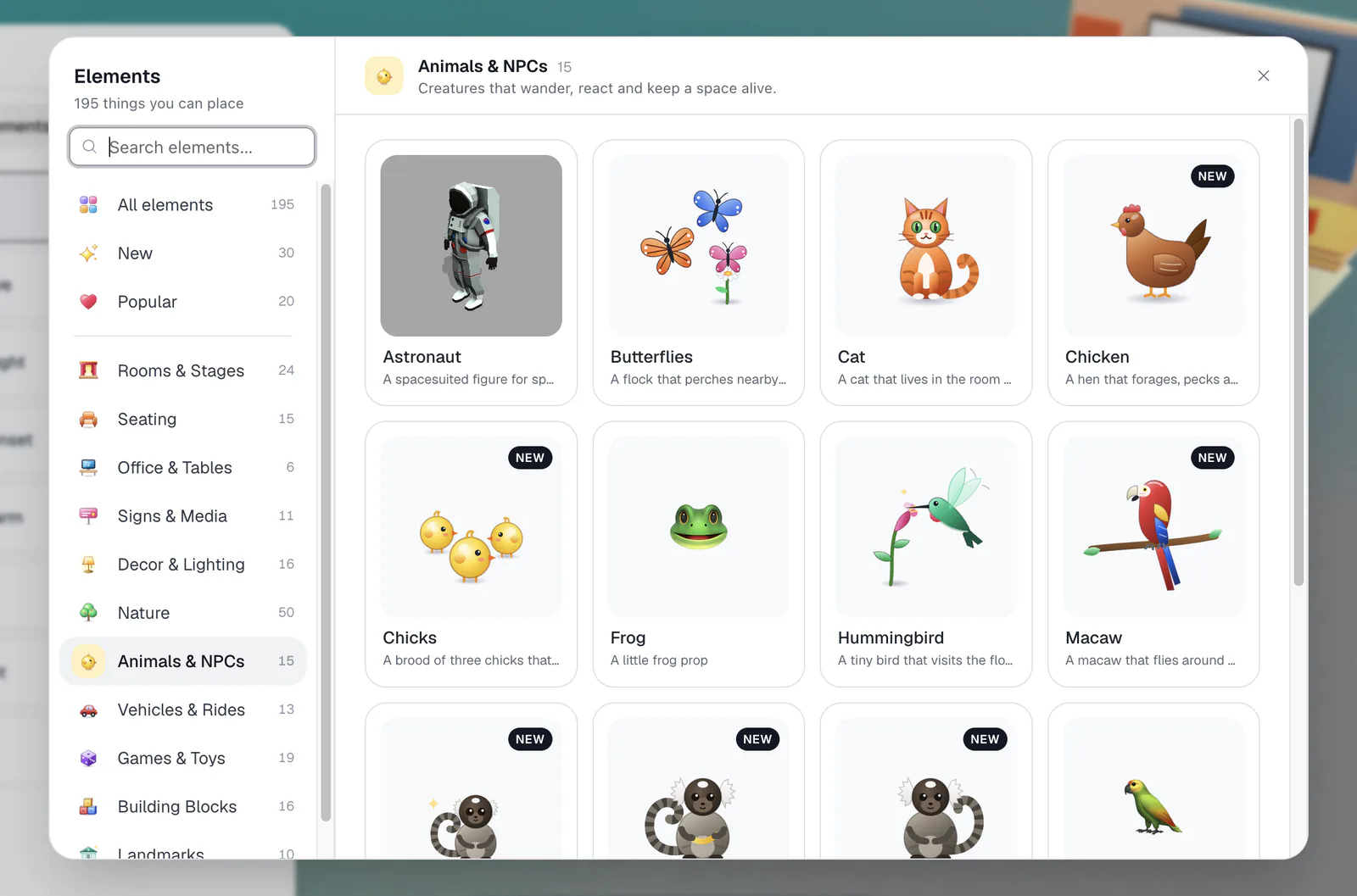 The element library showing the Animals & NPCs category