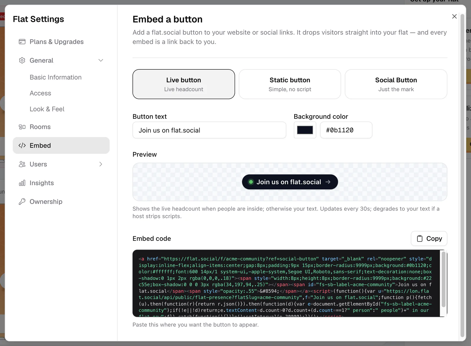 The Embed builder with style options, button text, color, preview, and embed code