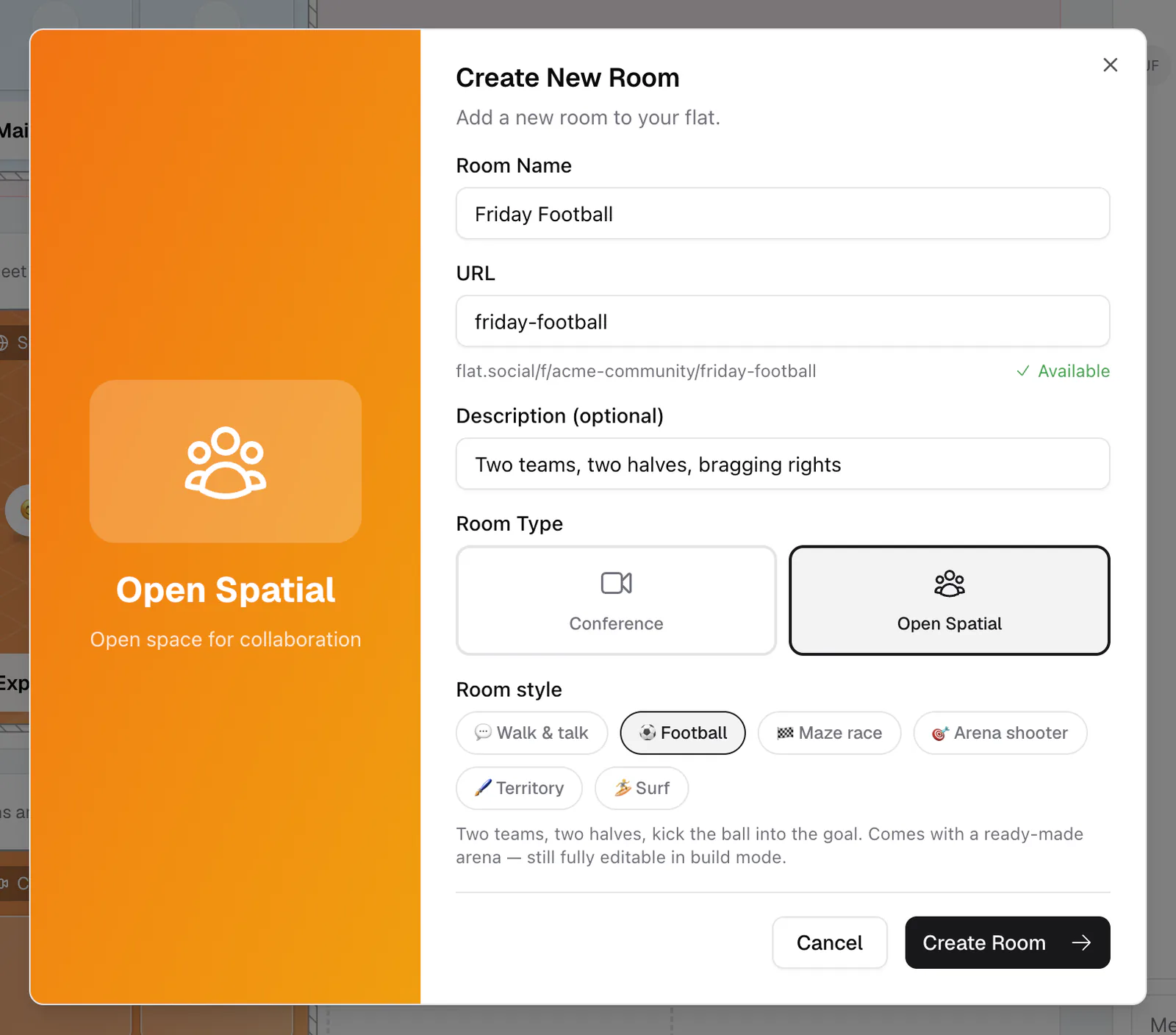 The Create New Room dialog with the Football room style selected