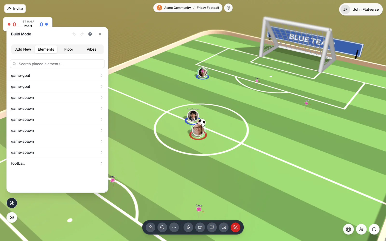 A football game room in build mode showing the pitch, both goals, and spawn markers