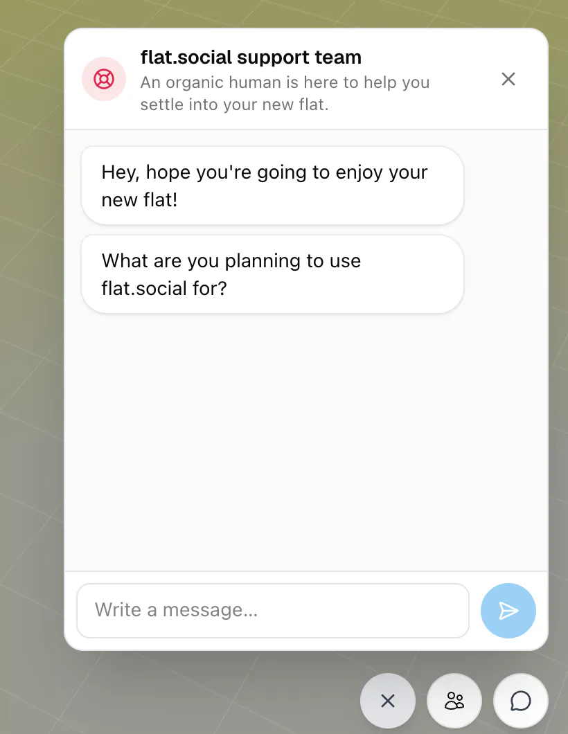 The support chat panel open in a room