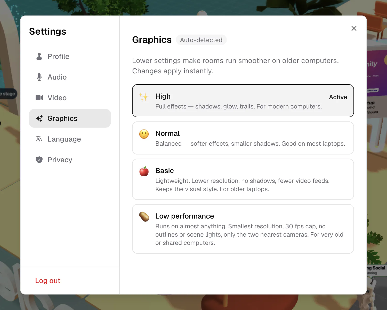 The Graphics tab in Settings with four quality tiers