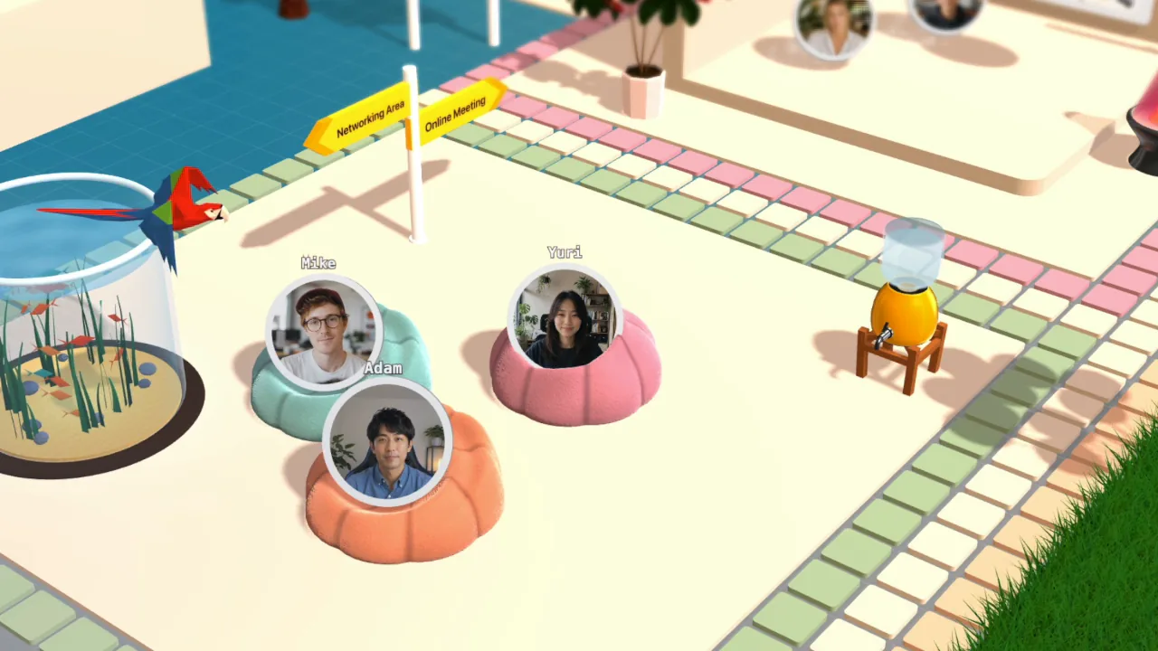 Several small groups of avatars holding separate conversations in one flat.social room
