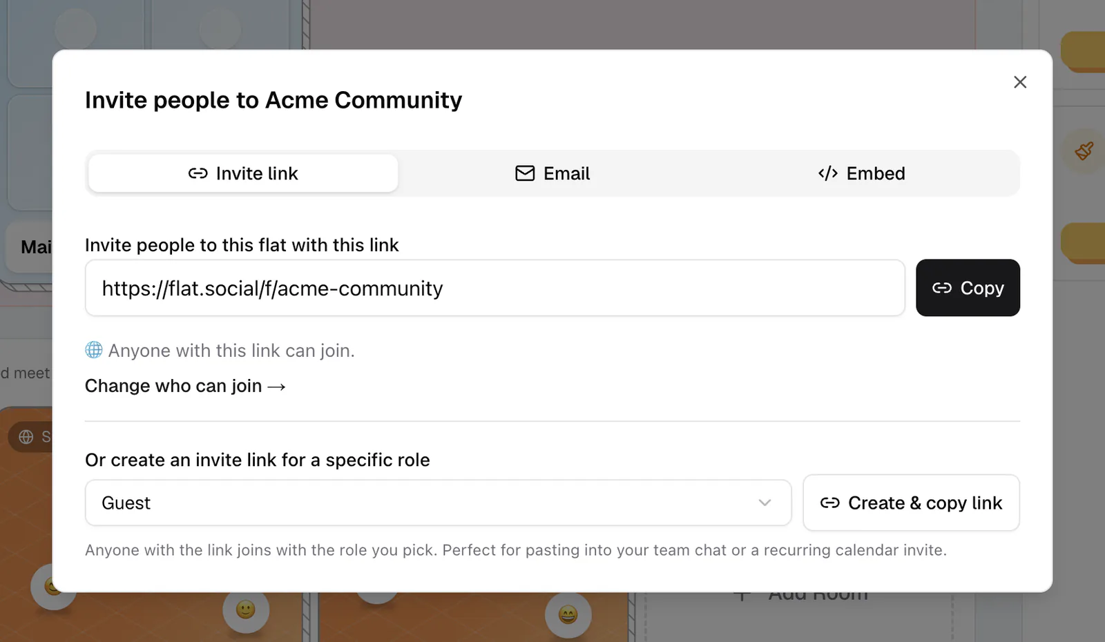 The Invite dialog with the flat link, the room link, and the access summary