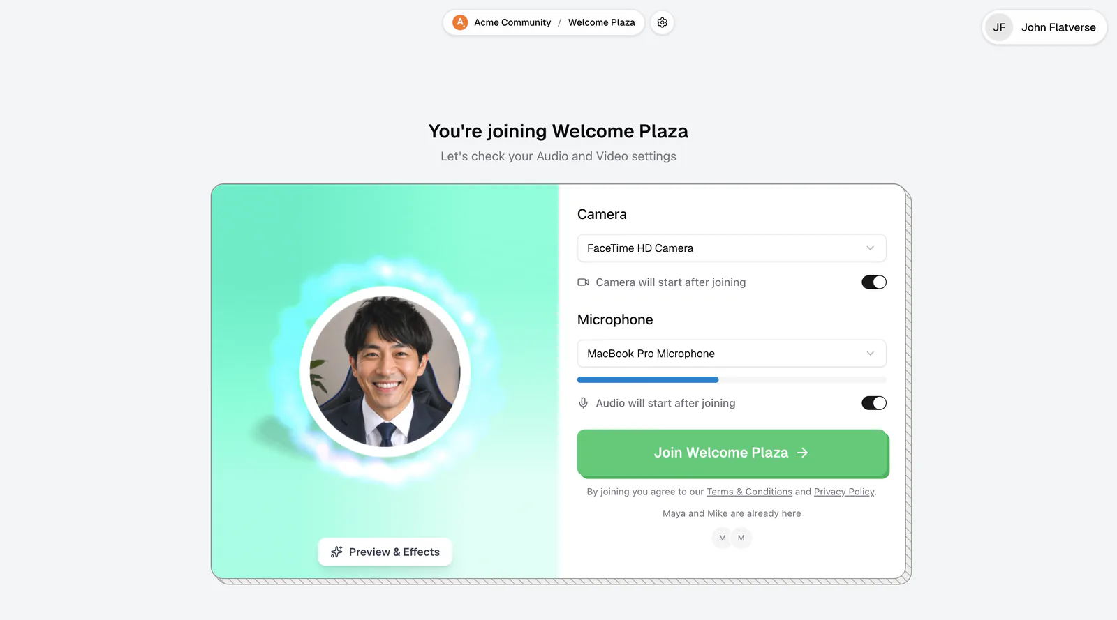 The flat.social join screen with camera and microphone settings