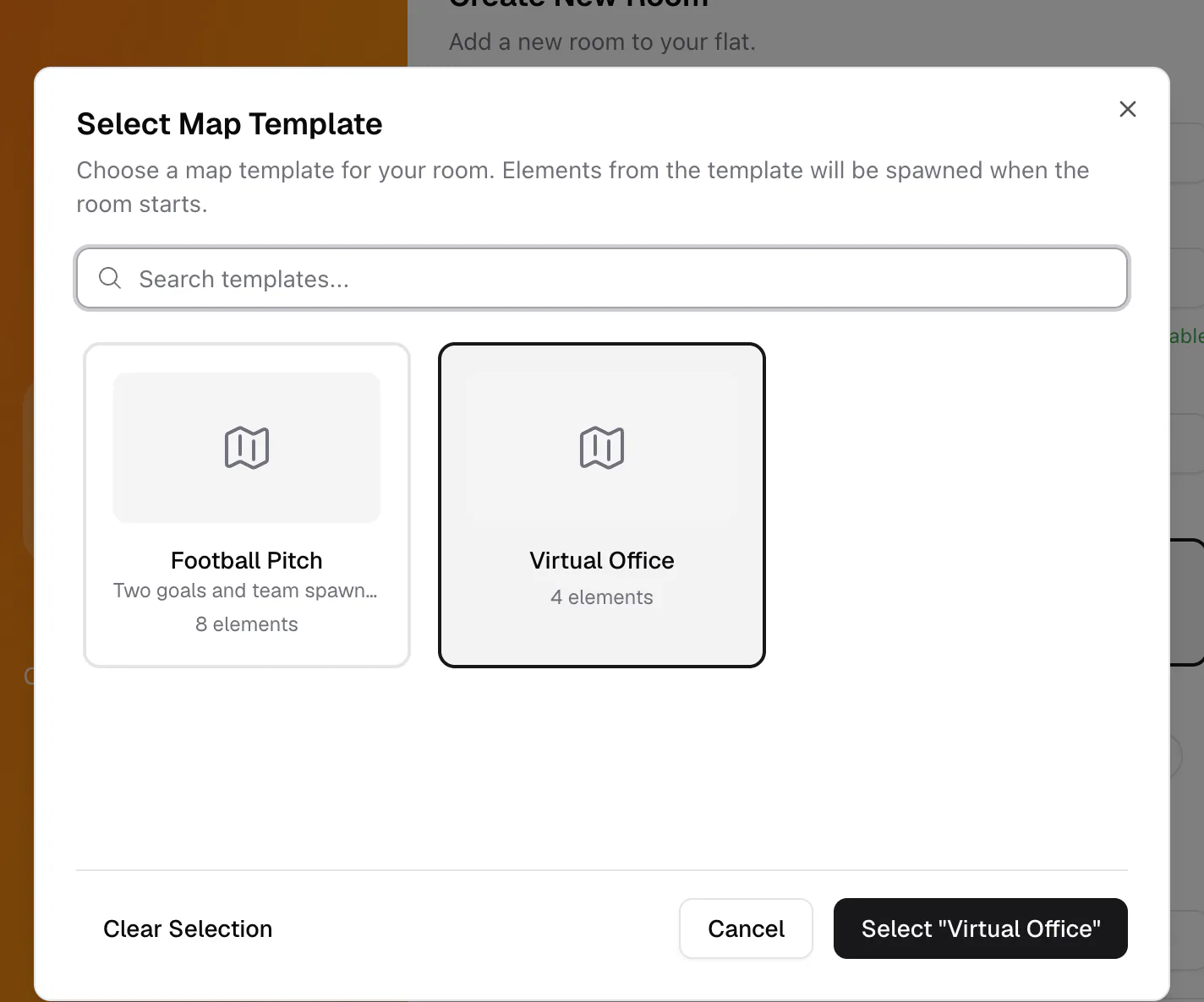 The map template picker showing several 3D environments to choose from