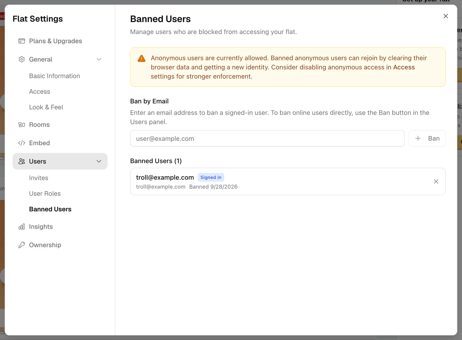 The Banned Users settings with the ban-by-email field and the list of banned people