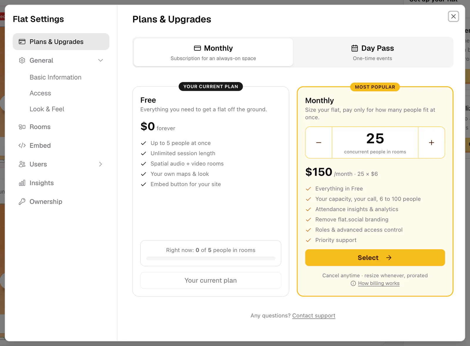 The Plans & Upgrades page with the Free and Monthly plan cards side by side