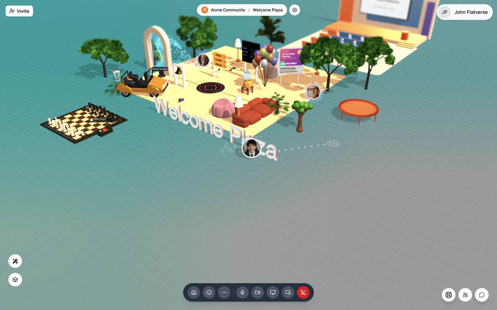 An avatar walking toward a clicked spot with the call bar and Teleport home button visible