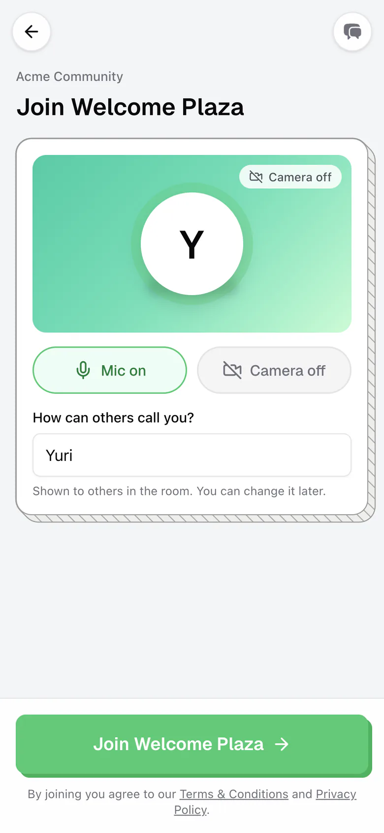 The phone join screen with mic and camera chips and the guest name field