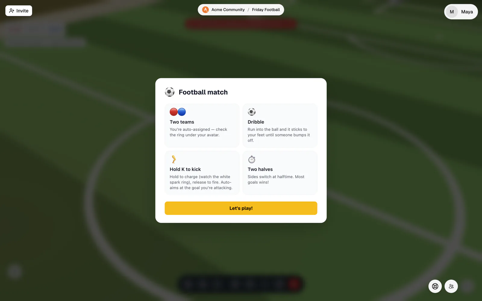 The Football match rules card with the Let's play button