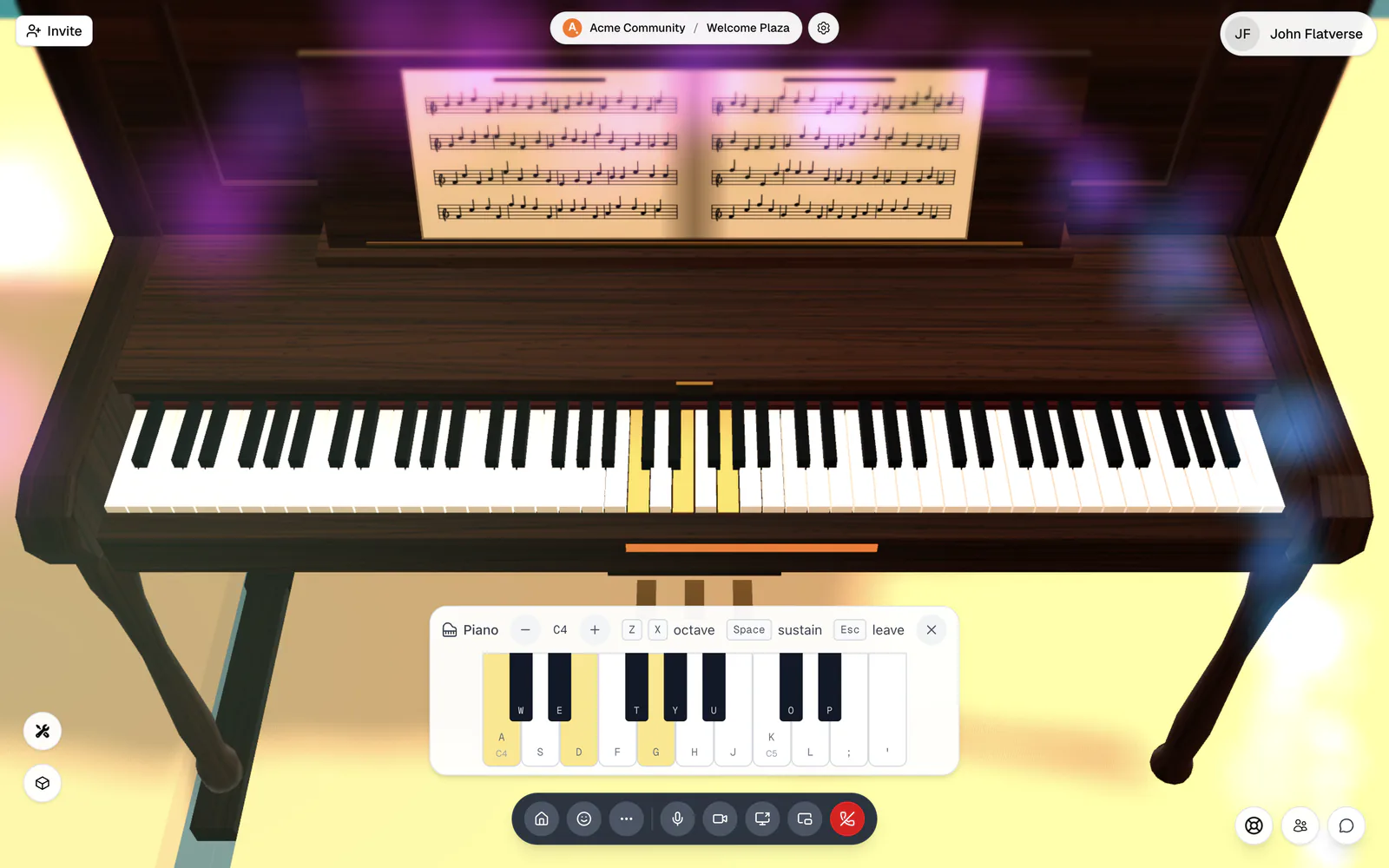 The piano overlay with octave controls, key hints, and the on-screen keyboard