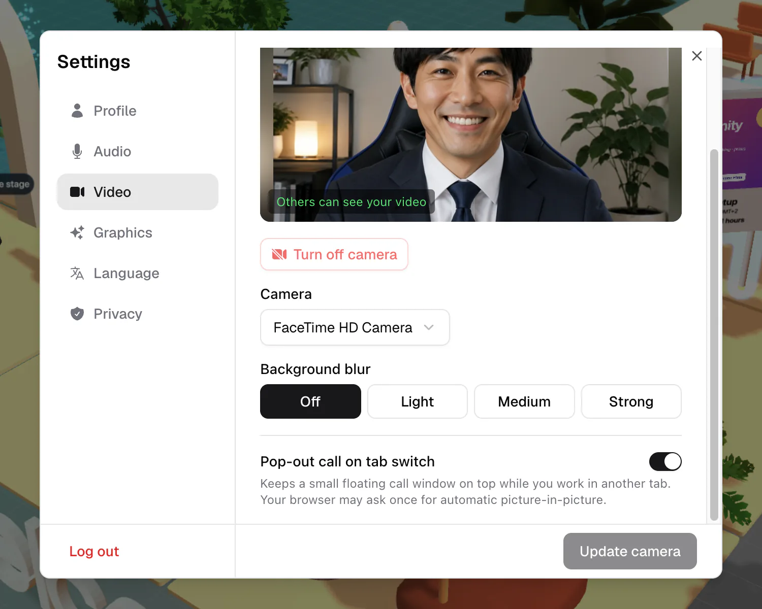 The Pop-out call on tab switch setting in the Video tab