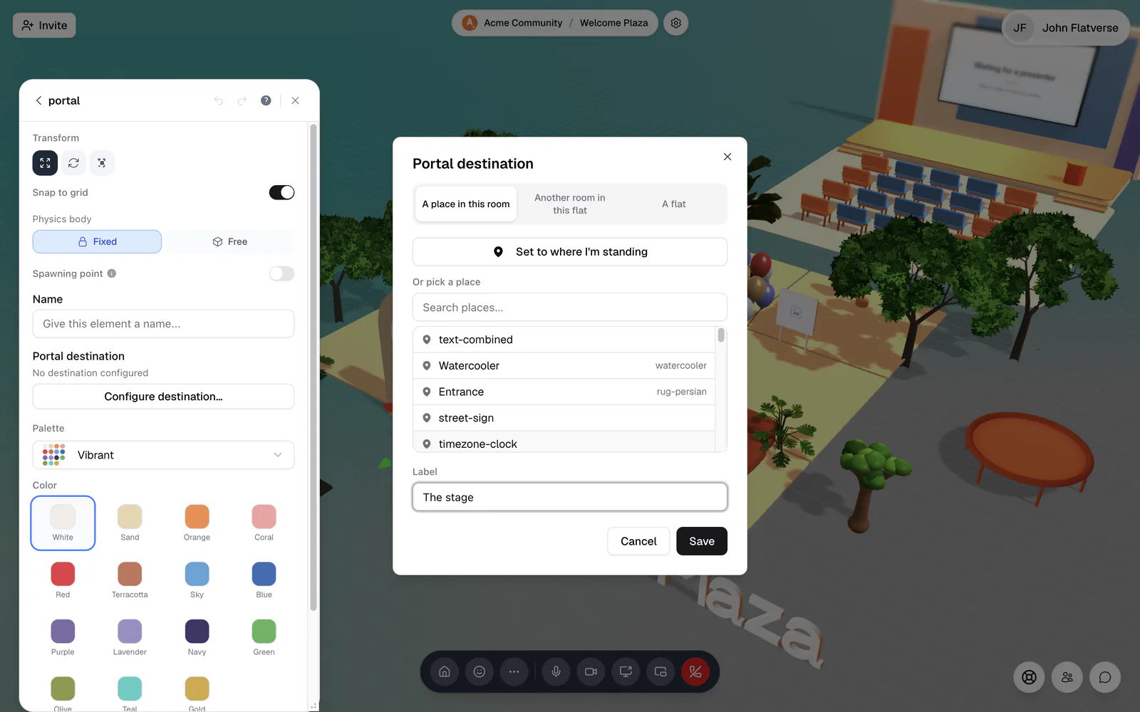 The Portal destination dialog with three destination tabs and a label field