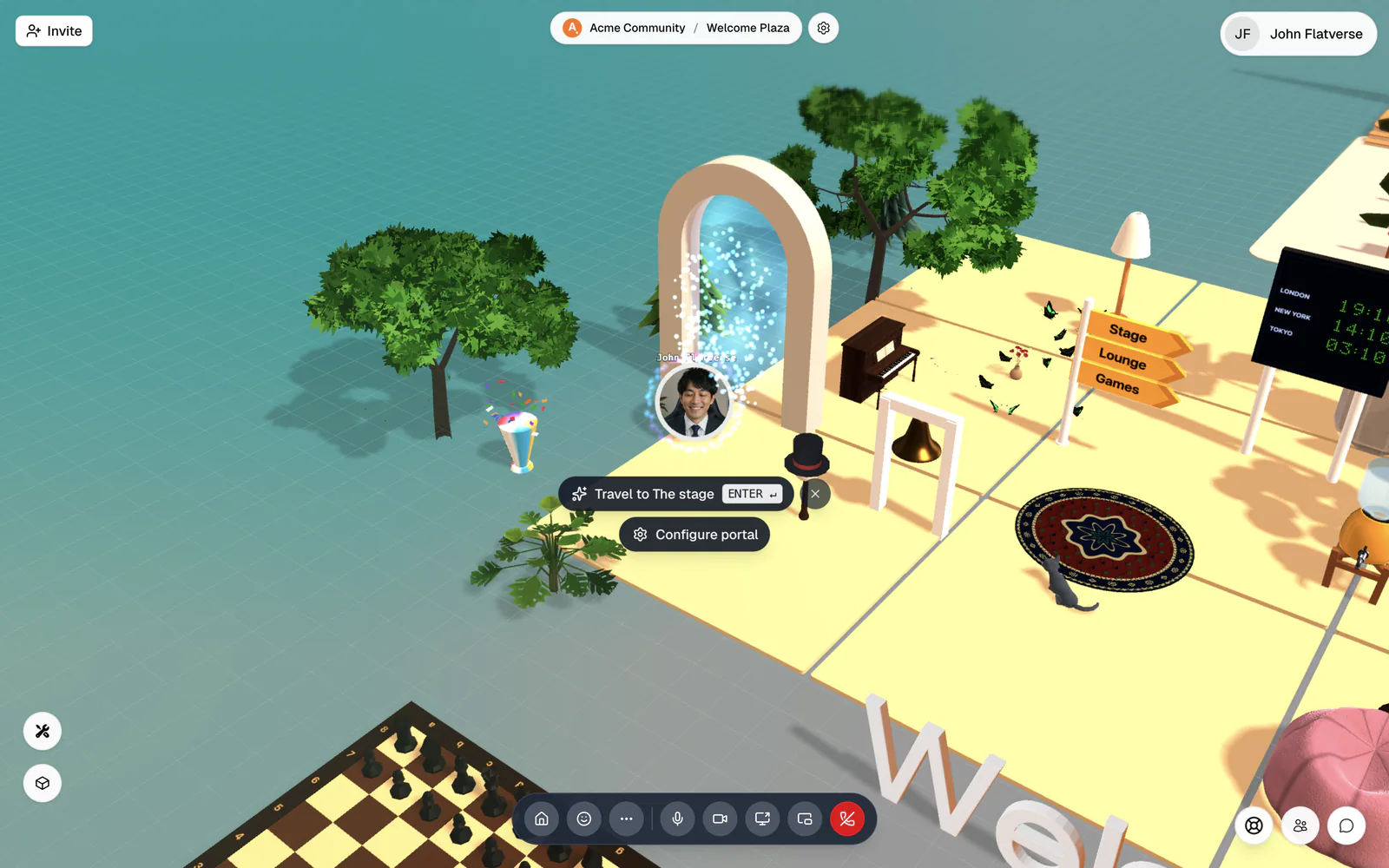 An avatar standing at a portal with the Travel to prompt