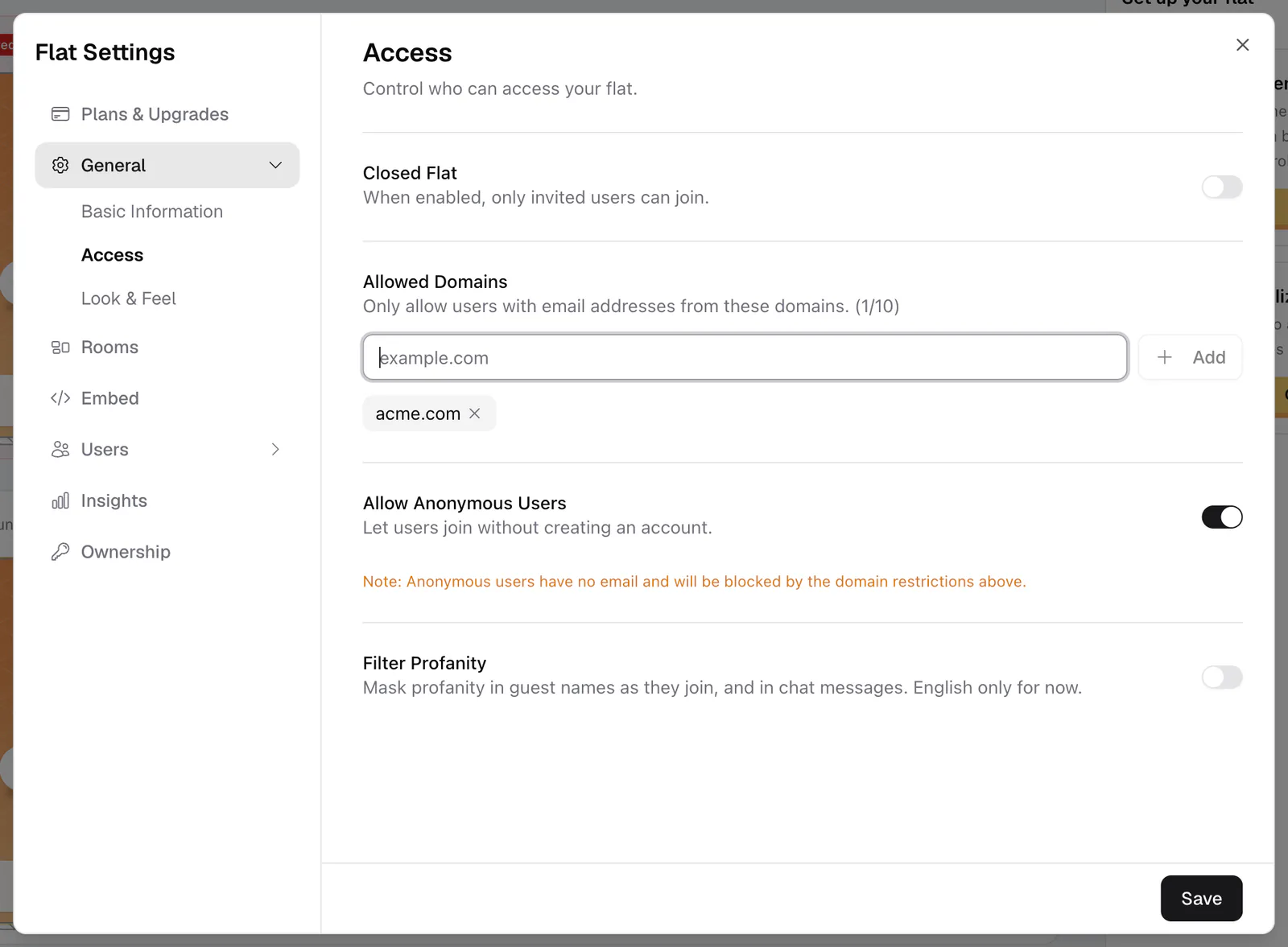 The Access settings with closed flat, allowed domains, anonymous users, and profanity filter