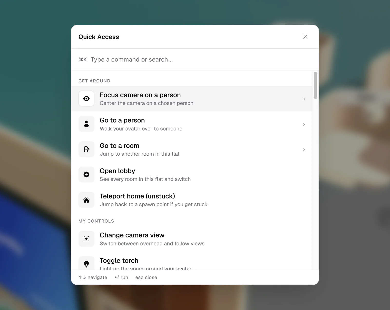 The Quick Access dialog listing actions by category