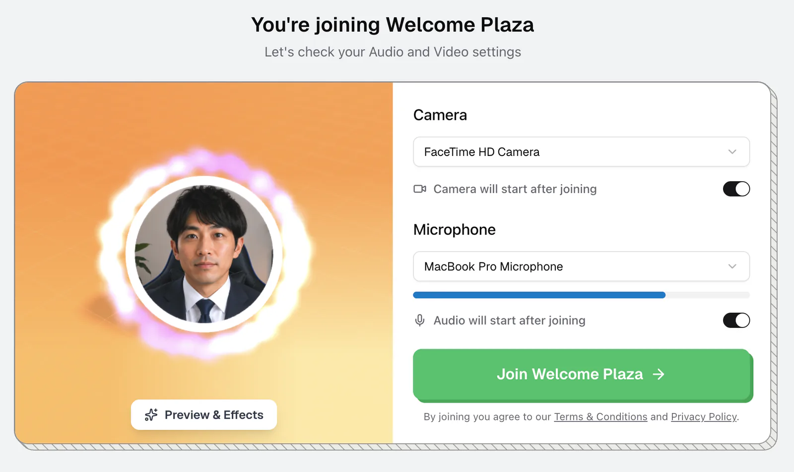 The flat.social join screen with camera and microphone settings
