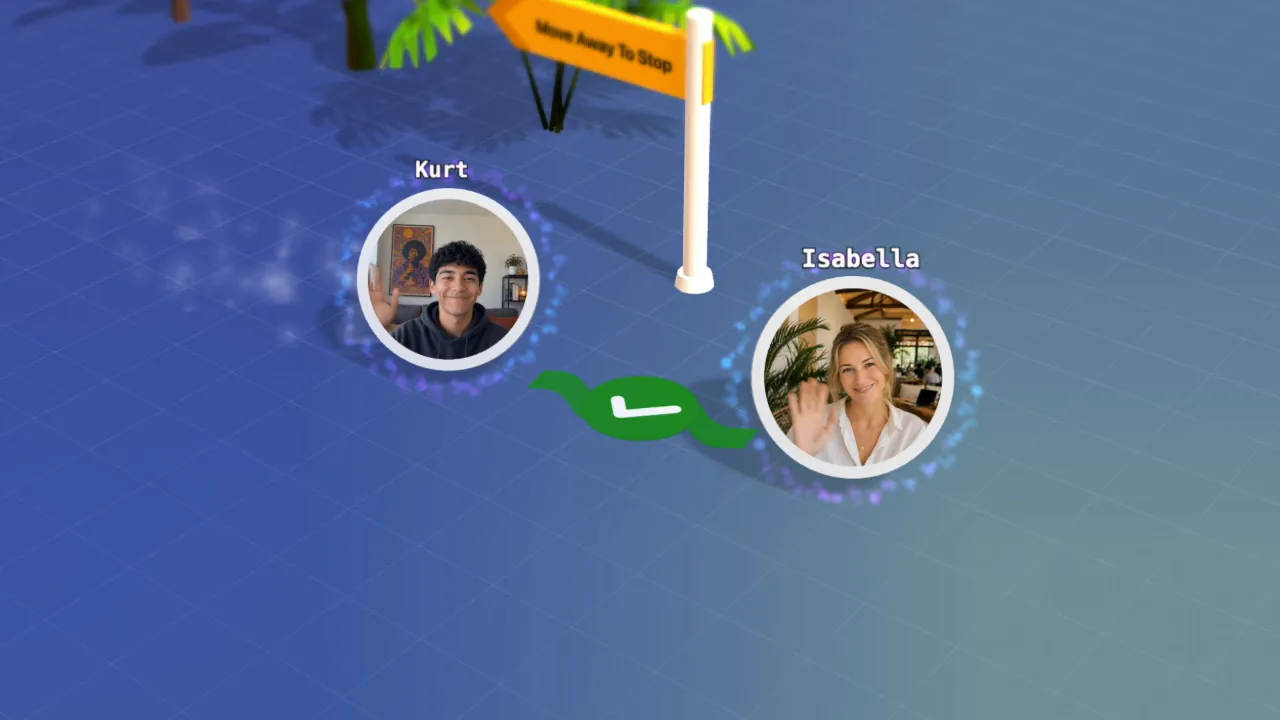 Two avatars standing close in a flat room to talk