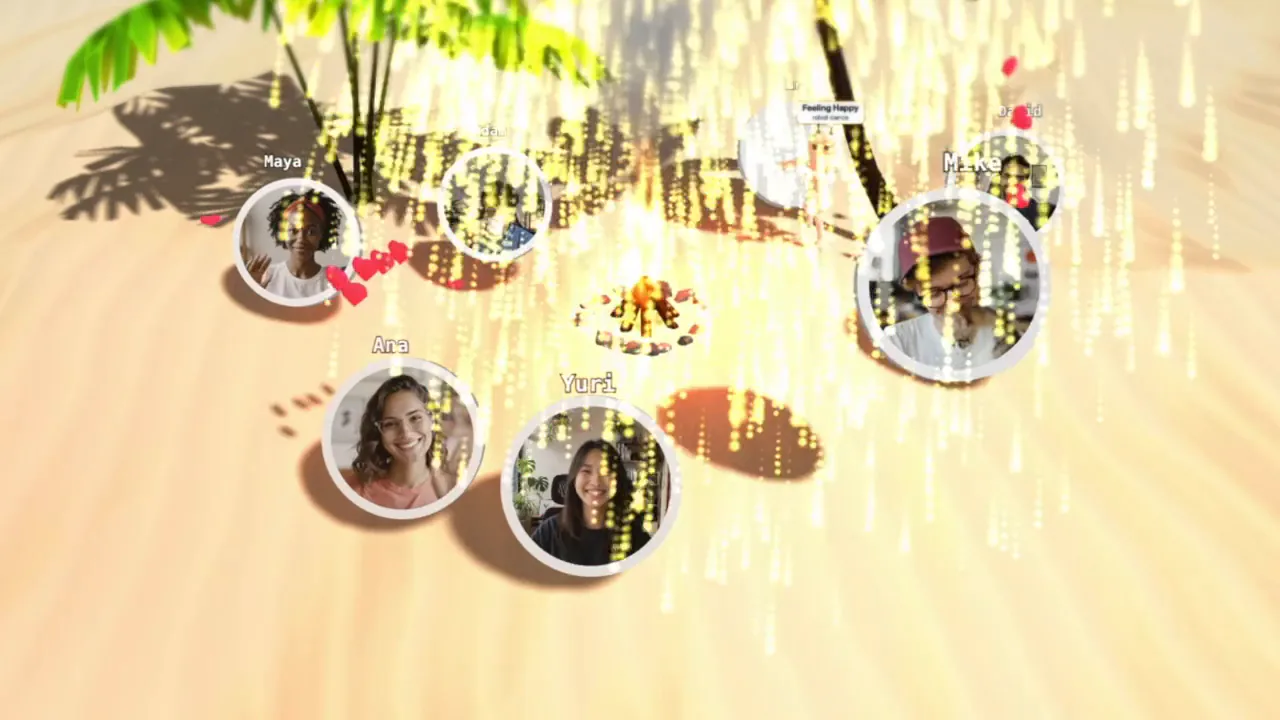 Avatars sending hearts and fireworks in a room