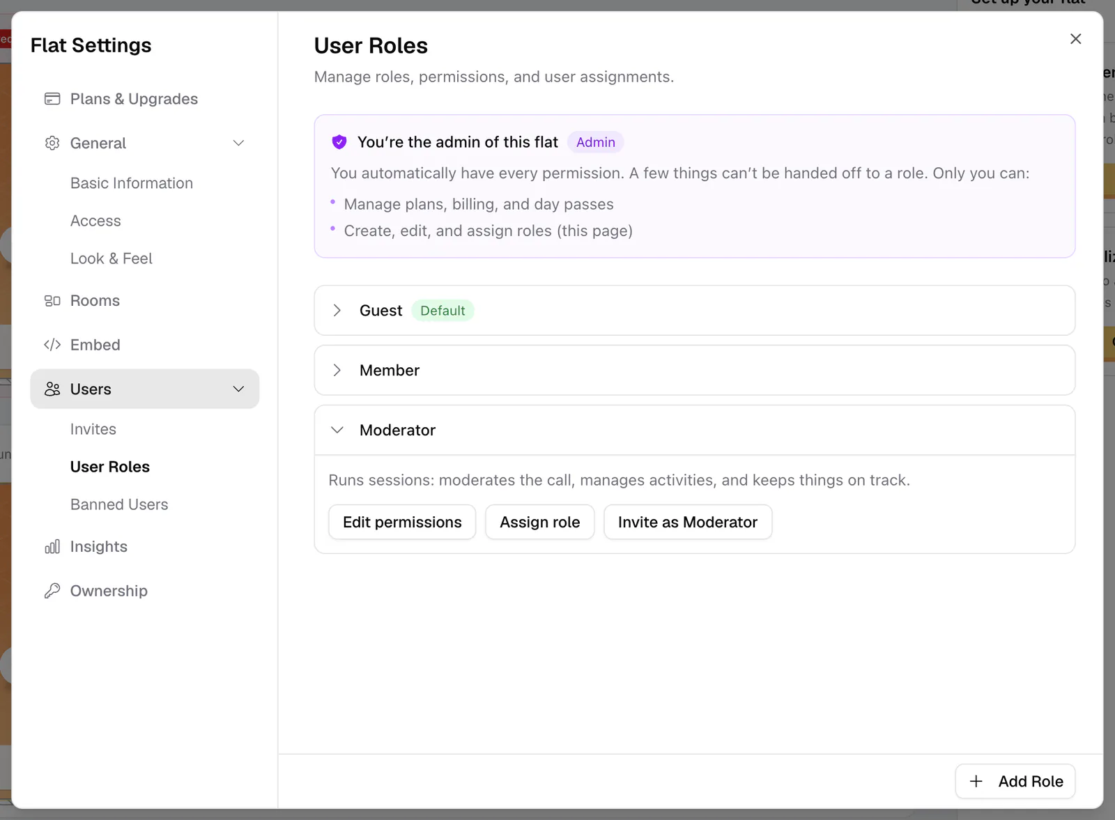 The User Roles settings listing the Guest, Member, and Moderator roles