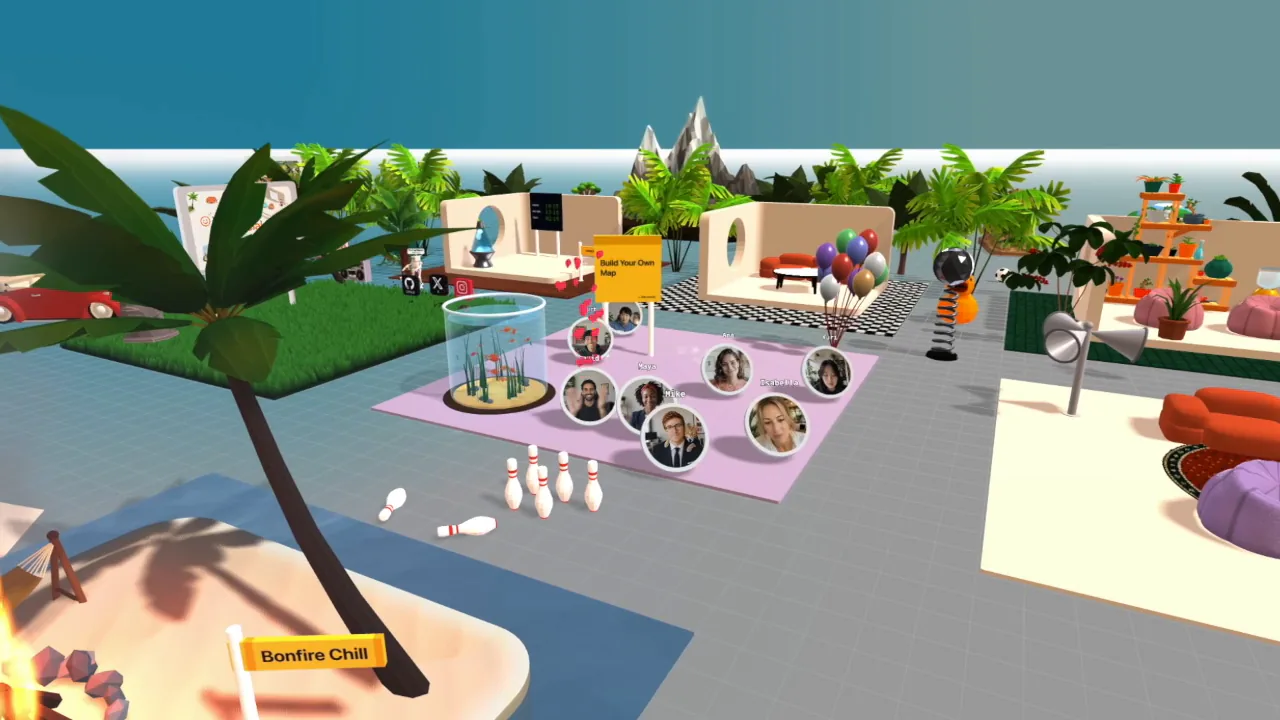 An Open Spatial room with avatars gathered in clusters on a 3D map