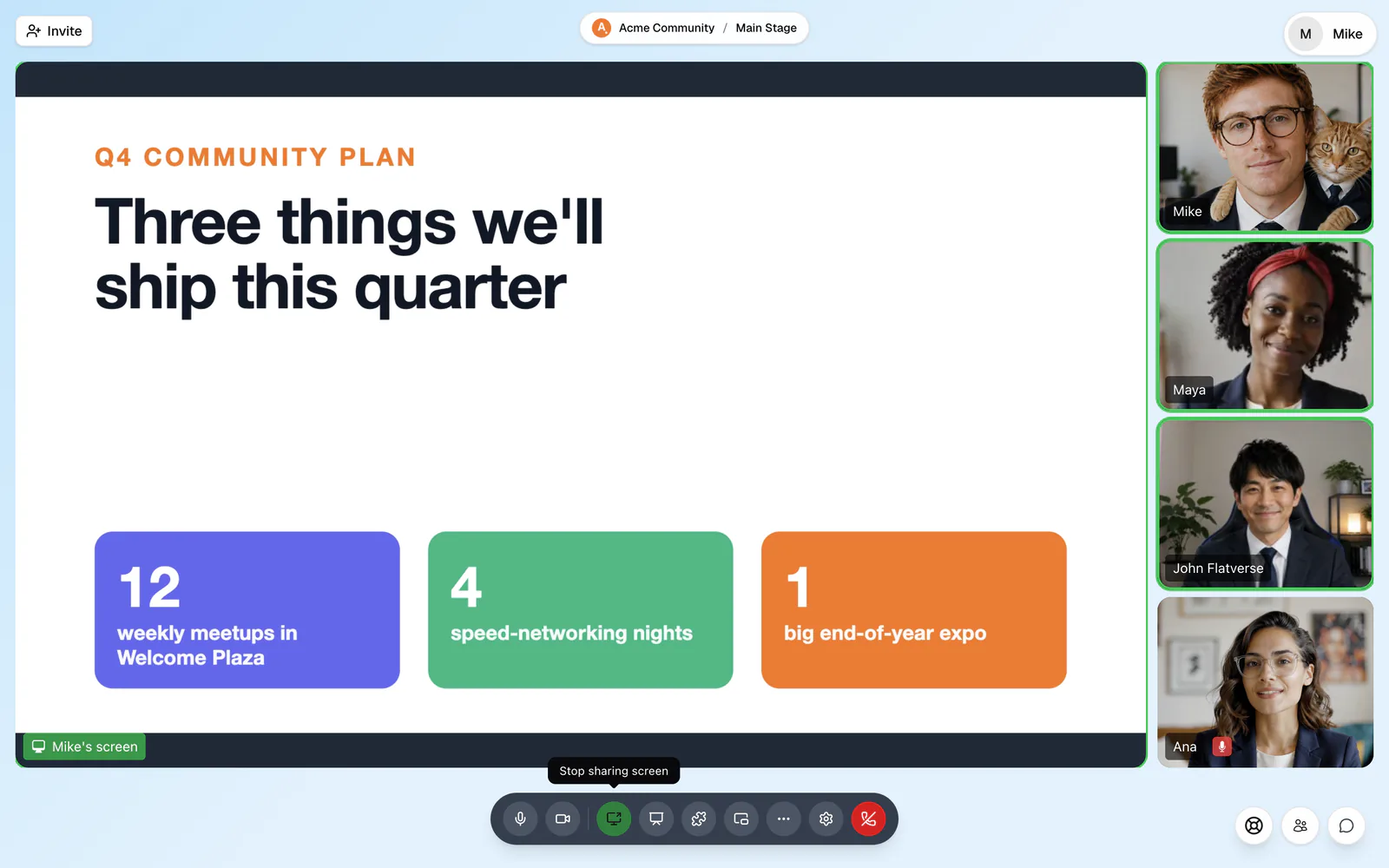 A screen share filling the main tile in a Conference room