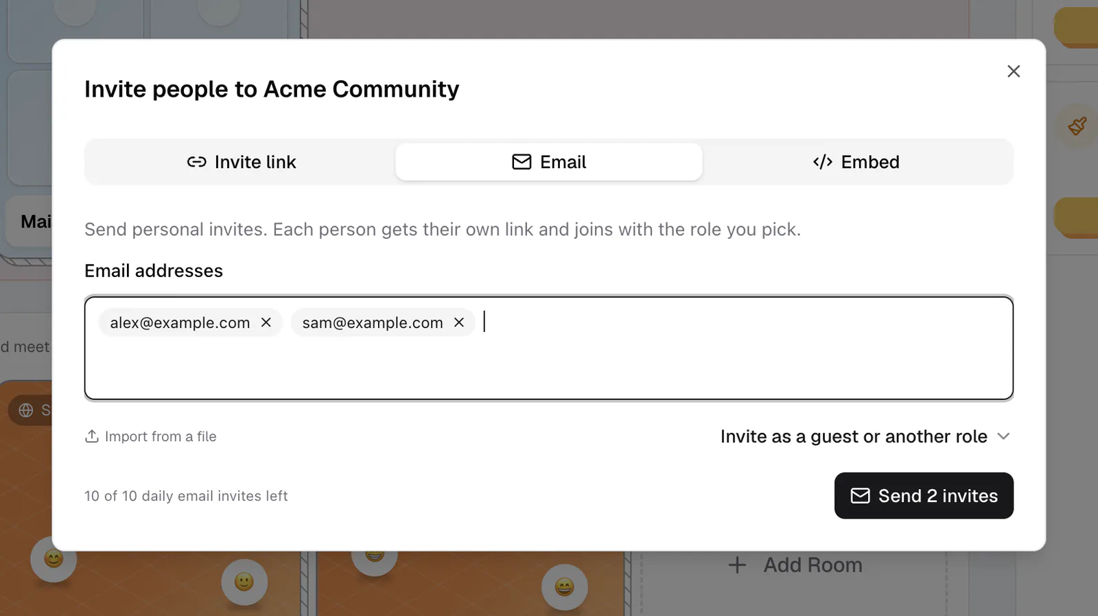 The Email tab of the invite dialog with addresses, role, quota, and send button