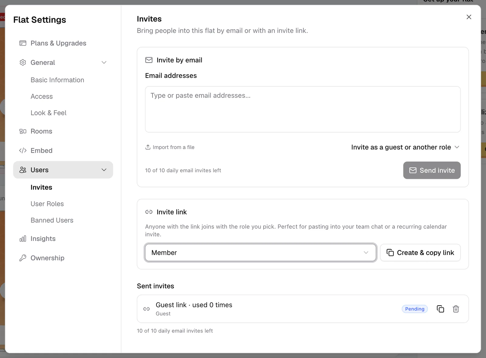 The Invites settings page with the sent invites list and their statuses