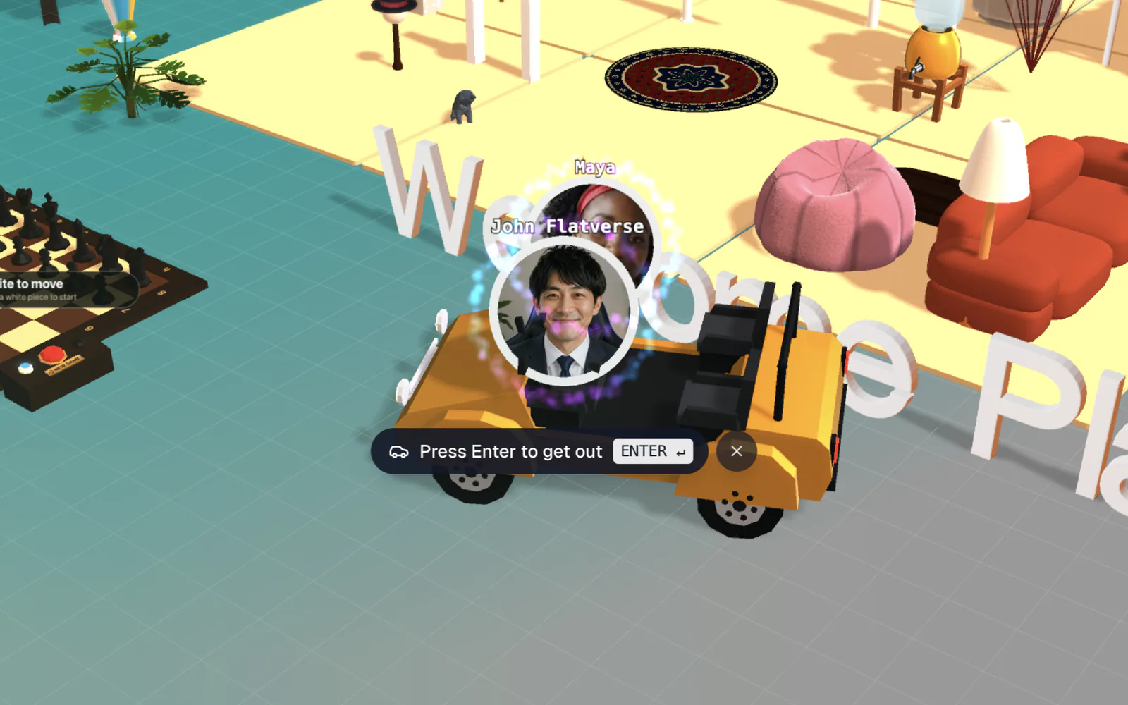 Two avatars in a golf cart with the Press Enter to get out prompt