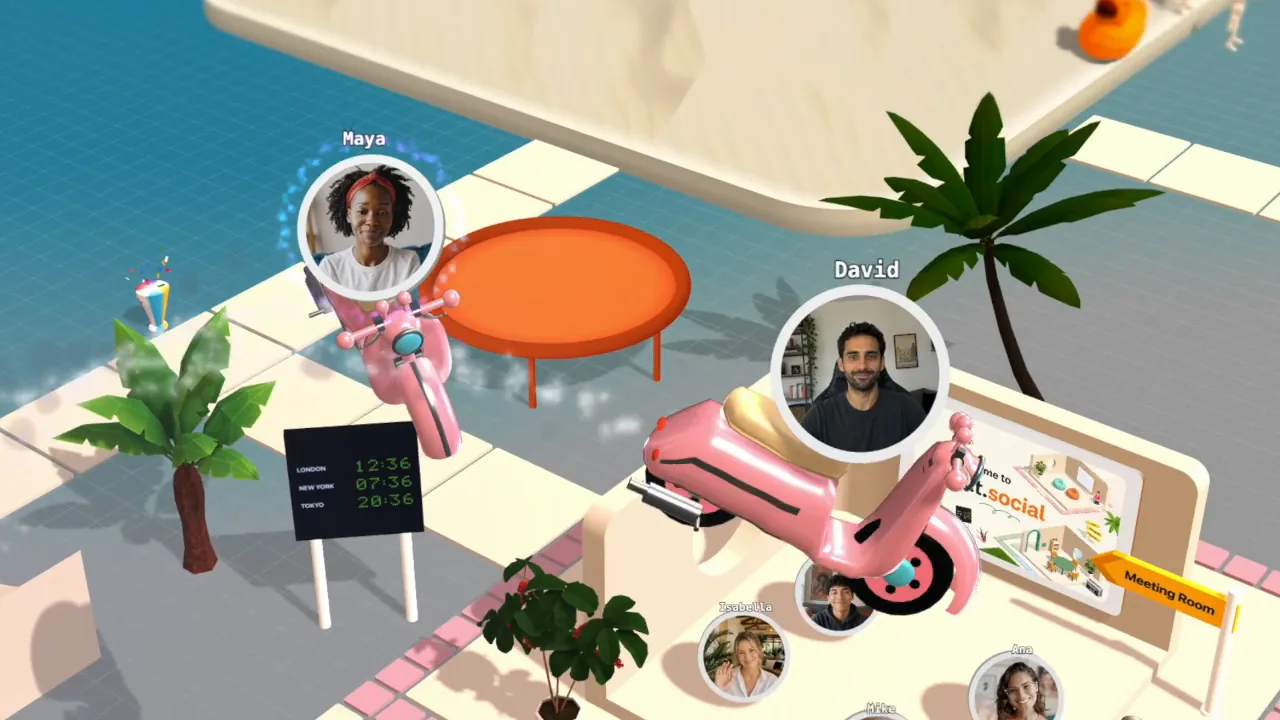 Two people riding a pink scooter in a room